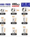 Assemblage of 440 Piece Flat Hex Socket Head Cap Screws Kit In 304 Stainless Steel M3 M4 M5 Metric Threads With Countersunk Allen Drive Bolts And Nuts Perfect For DIY Projects And Heavy Duty Fix Ups All Purpose Metric Fastener Hardware Assortment, showing various sizes and counts of nuts and screws with M3, M4, and M5 options.