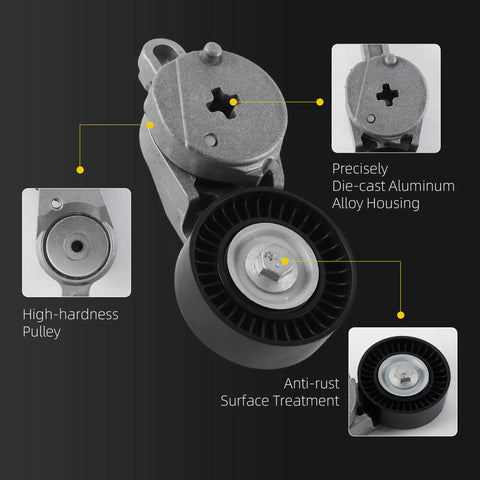 Smooth Drive Belt Tensioner Idler Pulley Kit For Toyota Camry 2010-2011 With 2.5L Gas Engine, showcasing aluminum housing and high-hardness pulley.