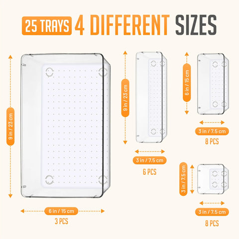 Clear Drawer Organizer Set 25 Piece Plastic Storage Bins For Desk Kitchen Bathroom And Vanity Modular Stackable Trays Non Slip Organizer