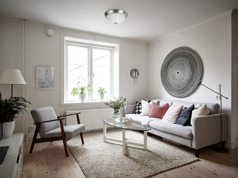 Living room with Two Light Flush Mount Fixture In Brushed Nickel With White Alabaster Glass Shade, 11 Inch Diameter, ceiling view