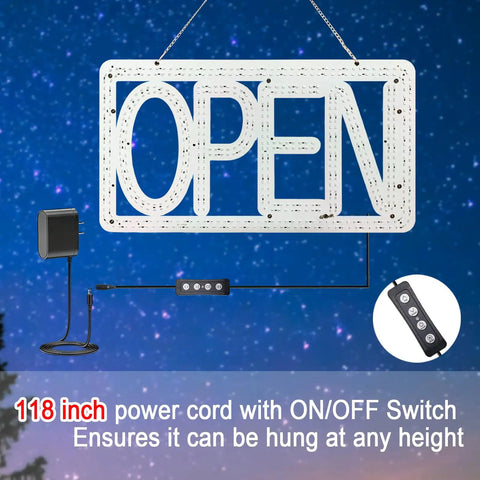 16.5 By 9 Inch Horizontal LED Open Sign For Biz with visible 118-inch power cord and control box against starry sky background