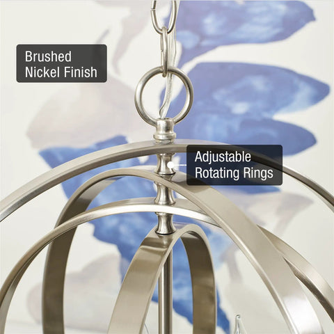 Close-up of the Open Globe Chandelier 21 Inch 4-Light Modern Sphere Orb Pendant showing brushed nickel finish and rotating rings.