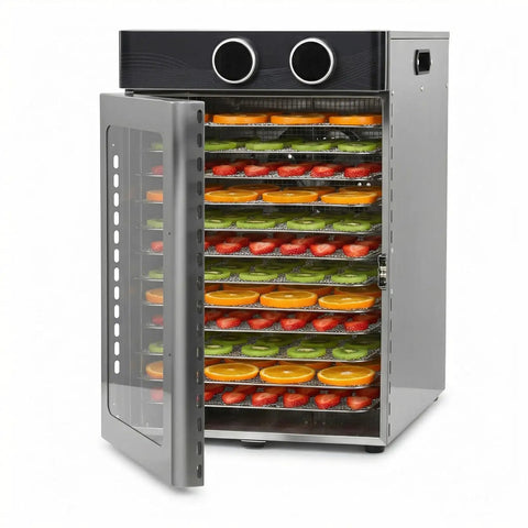 Electric Food Dehydrator With 12 Stainless Steel Trays Kicks Ass Making Top Shelf Beef Jerky Crispy Dried Fruit And Homemade Dog Treats Featuring 1200W Heater And 360 Degree Airflow For Ultimate Snack Game And Meal Prep Wins. Open view showing colorful layers of dried fruits on stacked trays.
