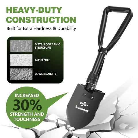 Close-up of Grab And Go Folding Shovel For Car And Camping 18.5 Inch Collapsible Shovel With Pickaxe, highlighting steel structure