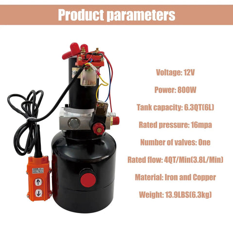 Dinenovate 12V Small Hydraulic Power Unit 800W Single Valve Pump Station With 6L Tank. Iron and copper build, 16MPa pressure.