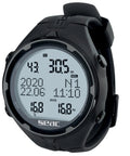 Get Your Hands On This Awesome Scuba And Freediving Dive Computer That Comes Packed With A Handy Dive Logbook Smart Dive Planner Essential Safety Alarms And Heart Rate Monitoring To Keep You Safe And Stylish On Every Dive, showing a black wrist-mounted dive computer with digital display.