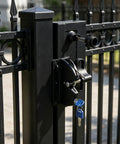 TEHAUX 1Set Key Lockable Two Sided Gate Latch for Wooden Fence w Pull Cord mounted on black metal fence post with keys
