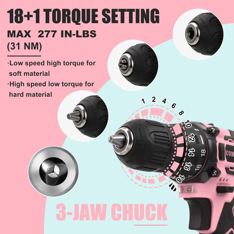 Dope Pink Cordless Drill Set For Gals Featuring Hella Lightweight Design With 3-jaw chuck and 18+1 torque settings for DIY.