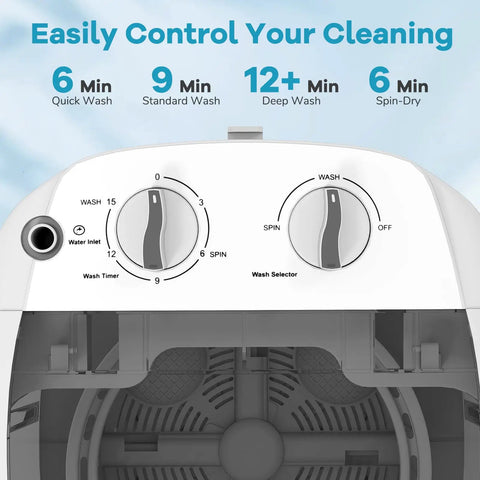 Control panel of the Super Duper Handy Portable Mini Washing Machine With Five Point Five Lbs Capacity and Quick Spin Tub.