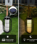 Big Solar Powered Lantern for Outdoor Use hanging from a tree branch, metal construction, solar panel detail, lit and unlit contrast.