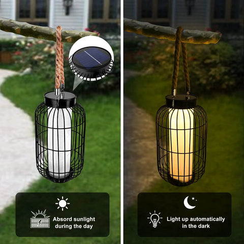 Big Solar Powered Lantern for Outdoor Use hanging from a tree branch, metal construction, solar panel detail, lit and unlit contrast.