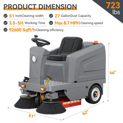 51 Inch Ride On Commercial Floor Sweeper With 27 Gallon Hopper And Powerful 800W Motor. This Big Duty Machine Boasts A Wide Path For Fast Cleaning In Warehouses And Factories. Get Ready To Sweep Up Messes Like A Boss With This Pro Grade Equipment.