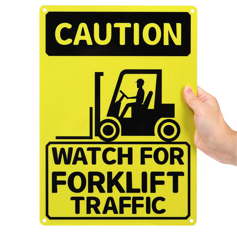 3 Pack Watch For Forklift Traffic Safety Signs 10x14 Aluminum, yellow caution sign with black forklift symbol held in hand