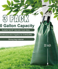3 pack of 20 Gallon Tree Water Bags With Slow Release Irrigation System for Deep Root Moisture wrapped around a tree trunk.