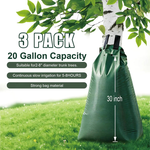 3 pack of 20 Gallon Tree Water Bags With Slow Release Irrigation System for Deep Root Moisture wrapped around a tree trunk.