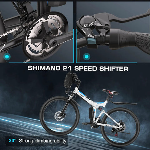 Foldable 750W Peak Electric Mountain Bike For Adults, 20 MPH Folding Ebike With Battery, 26 Inch Wheels, Shimano 21-Speed Shifter