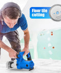 Tough As Nails Toe Kick Saw Cuts Flush Under Cabinets With 3 3/8 Inch Blades, demonstrating floor tile cutting with adjustable depth.