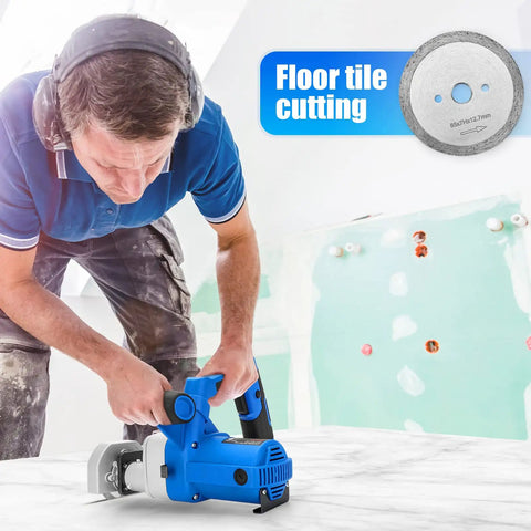 Tough As Nails Toe Kick Saw Cuts Flush Under Cabinets With 3 3/8 Inch Blades, demonstrating floor tile cutting with adjustable depth.