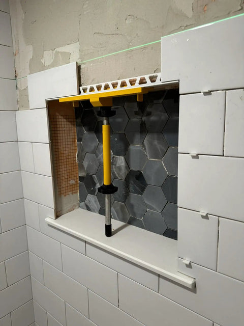 Shower Niche Tiling Tool Kit With Aluminum Support For Ceramic And Porcelain Tile Installations, niche holder in use