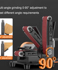 Heavy Hustle Desktop Belt Sander And Compact Electric Polisher With Clear Lcd Panel Smooth Variable Speed Dial Up To Ten Thousand Rpm Zero To Ninety Degree Tilt Adjustment Sweet Handle For Workshop Tasks showing 90 degree angle adjustment features.