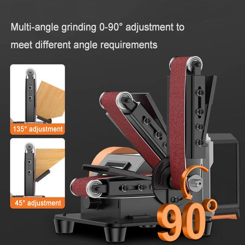 Heavy Hustle Desktop Belt Sander And Compact Electric Polisher With Clear Lcd Panel Smooth Variable Speed Dial Up To Ten Thousand Rpm Zero To Ninety Degree Tilt Adjustment Sweet Handle For Workshop Tasks showing 90 degree angle adjustment features.