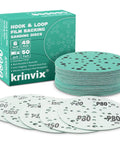 Premium 6 Inch 49 Hole Sanding Discs Assorted 80 To 320 Grit Pack Hook And Loop Polyester Film Backing Compatible With Festool Random Orbital Sanders For Wood And Auto Paint Smooth Finish Every Time with assorted grit sheets and packaging.