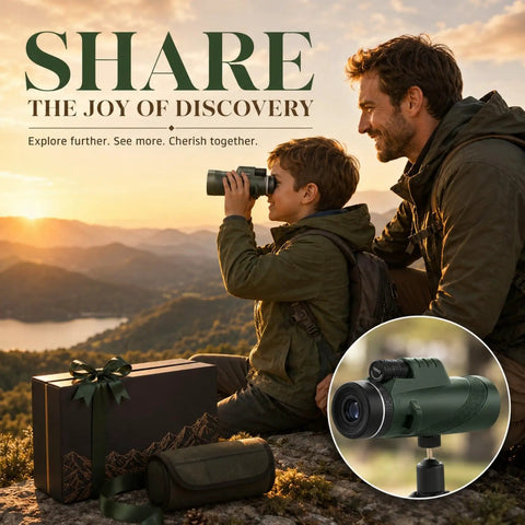 Rad Gift For Him Outdoor Monocular 10x42 For Hiking And Travel With Bright Clear Views Compact One Hand Use Ideal For Dad Husband Teen And Any Guy Into Weekend Adventures, father and boy using monocular at sunset