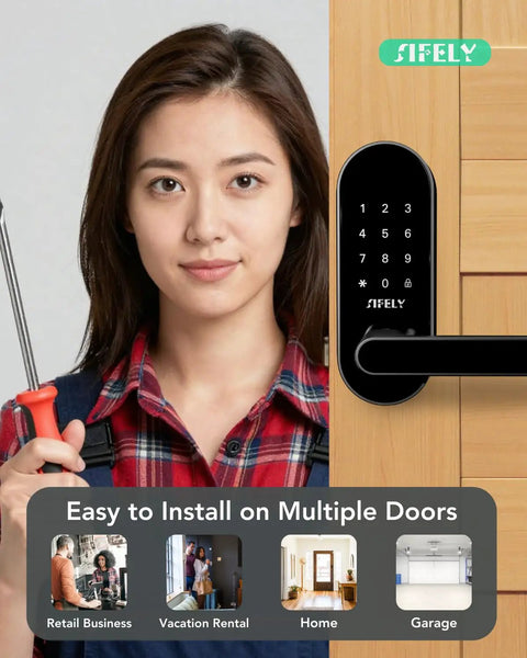 Woman holding screwdriver next to keyless entry keypad smart door lock with handle installed on wooden door for app control access.