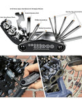 16 In 1 Bike Multitool Kit For On The Go Repairs showing hex keys, sockets, and screwdrivers in a compact design for bike maintenance.