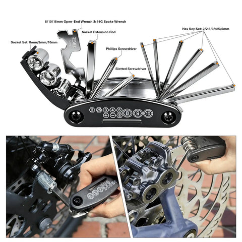 16 In 1 Bike Multitool Kit For On The Go Repairs showing hex keys, sockets, and screwdrivers in a compact design for bike maintenance.