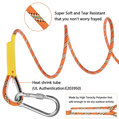 Outdoor Climbing Rope 32ft Escape Rope For Rock Climbing And Fire Rescue, 13 Core Parachute Orange with carabiner and sheath