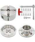 4 Inch Nickel Plated Wood Lathe Chuck Set For One And One Quarter Inch 8 TPI Threads Includes Round And Large Round Jaws CNC Machined Parts Rust Resistant Nickel Finish Durable Lathe Accessory For Turning Bowls Spindles And Pens showing chuck and accessories