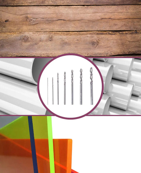 7 Piece Pro Grade Precision Drill Bit Set for Rotary Tools, image shows bits for wood, plastic, metal, and plexiglass drilling