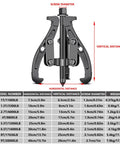 8 Ton Heavy Duty Bearing Puller Hub Separator Tool dimensions chart with screw and distance measurements in black color.