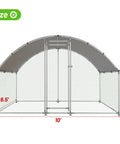 Front view of sturdy large walk in metal chicken coop with water resistant roof and anti UV cover showing dimensions