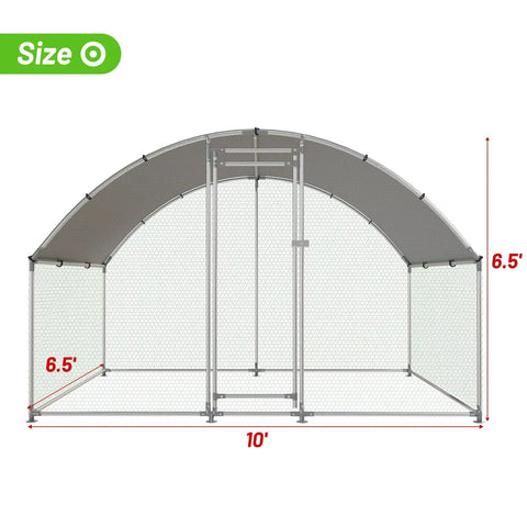 Front view of sturdy large walk in metal chicken coop with water resistant roof and anti UV cover showing dimensions