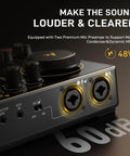 Close-up of USB-C audio interface mixer highlighting preamp and XLR inputs for Dual Host Podcast Studio Bundle With USB-C Audio Interface Mixer And 2 XLR Dynamic Mics, 2 Headphones, Plug And Play Setup For Phones Or Computers, Crisp 60dB Preamp, Ideal For Beginners To Pros.
