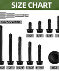 Size chart for Tough As Nails Black Hex Washer Head Self Drilling Screws 100 Pack Size 12 By One Inch Flanged Stainless Steel Fasteners.