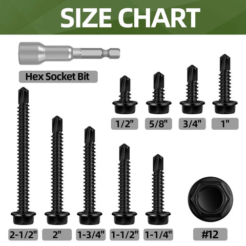 Size chart for Tough As Nails Black Hex Washer Head Self Drilling Screws 100 Pack Size 12 By One Inch Flanged Stainless Steel Fasteners.
