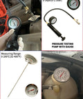 Pro Grade 18 Piece Radiator Coolant Pressure Tester Kit For Domestic And Import Vehicle Cooling Systems Leak Detection showing dual gauge pump and thermometer.