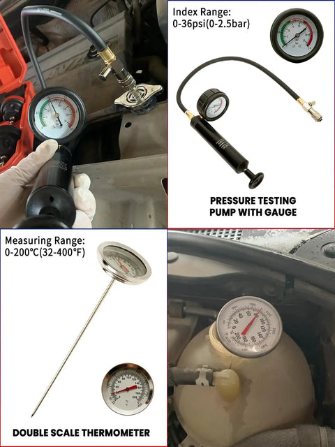 Pro Grade 18 Piece Radiator Coolant Pressure Tester Kit For Domestic And Import Vehicle Cooling Systems Leak Detection showing dual gauge pump and thermometer.