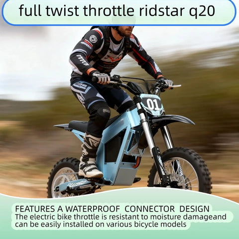 Person riding e-bike with full twist throttle replacement handle for e-bikes and e-scooters, 12V to 72V wide voltage, 22.2mm 3Pin fit