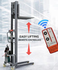 Dope 661 Lbs Electric Pallet Stacker With Adjustable Forks And Remote Control showing remote and lifting feature.