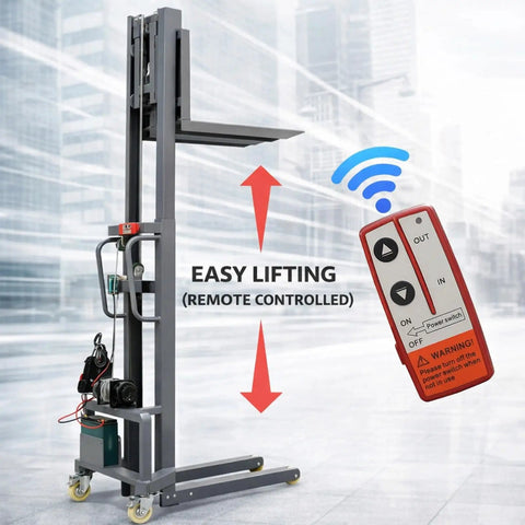 Dope 661 Lbs Electric Pallet Stacker With Adjustable Forks And Remote Control showing remote and lifting feature.