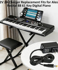 12V Replacement Charger For Recital 61 And 88 Key Digital Pianos shown next to digital piano and charger on stand