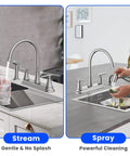Swanky Two Handle Kitchen Faucet With Pull Out Side Sprayer And Tall High Rise Arc Finished In Brushed Nickel, showing stream and spray features.