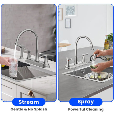 Swanky Two Handle Kitchen Faucet With Pull Out Side Sprayer And Tall High Rise Arc Finished In Brushed Nickel, showing stream and spray features.