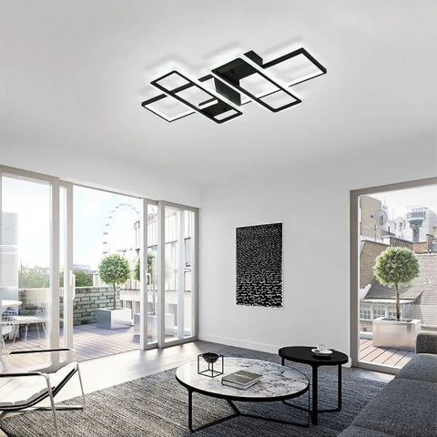 Dope Black 95W Flush Mount LED Ceiling Light With Four Interlocking Squares Modern Windmill Design In Metal And Acrylic 6000K Cool White Fixture