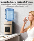 Woman drinking from glass beside Top Loading Countertop Water Dispenser For 1.2 To 5 Gallon Bottles With Hot And Cold Water