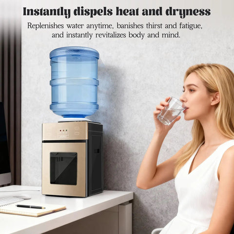 Woman drinking from glass beside Top Loading Countertop Water Dispenser For 1.2 To 5 Gallon Bottles With Hot And Cold Water